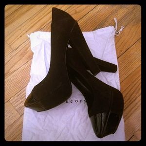 Theory Platform Suede/Patent Leather Pumps